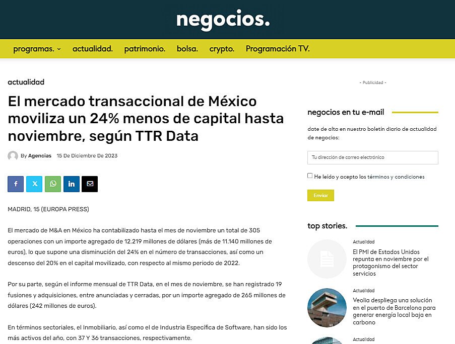El mercado transaccional de Mxico moviliza un 24% menos de capital hasta noviembre, segn TTR Data